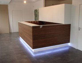 Recepcja wykonana z forniru i mdf'u lakierowanego z blatem z konglomeratu