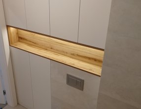 Zabudowa łazienki mdf lakierowany, płyta laminowana podświetlenie LED